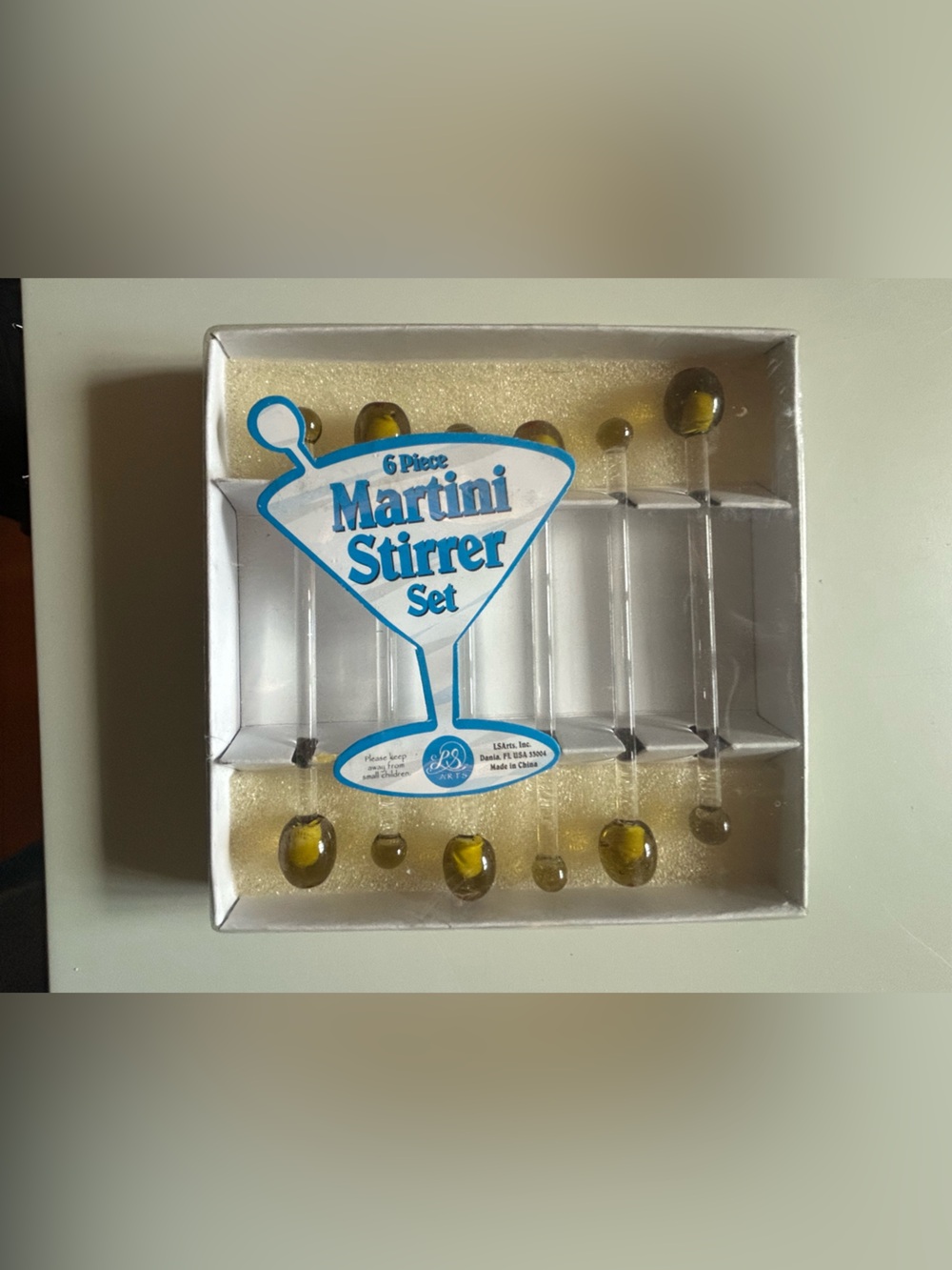 6 Piece Glass Olive Martini Stirrer Set – Original Box Retro Barware